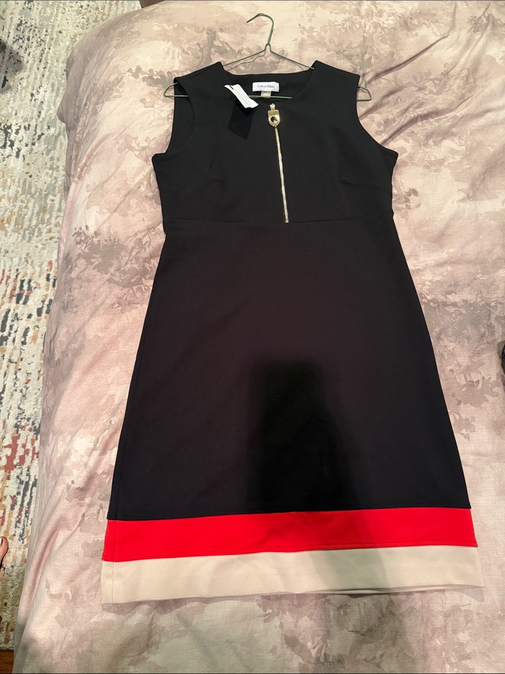 Calvin Klein Black Sleeveless Sheath Dress with Red and Cream Hem